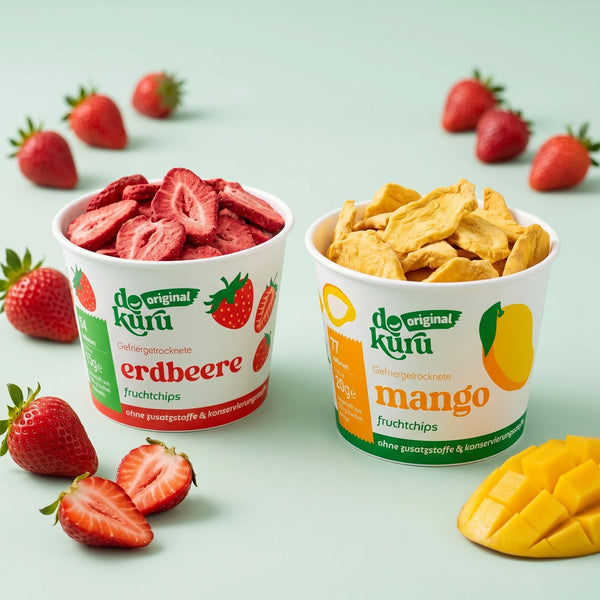 Strawberry & Mango Duo, two opened cups with strawberry slices and mango chips