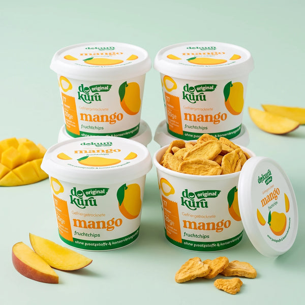 Mango Love, four cups, one opened with mango chips