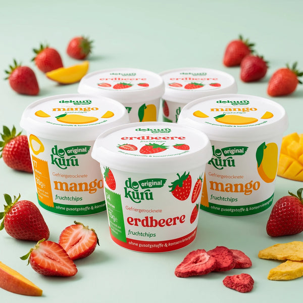 Strawberry & Mango Duo, cups of freeze dried strawberry and mango from Dokuru with fresh fruit
